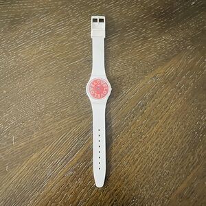 Swatch White Silicone Watch with Pink Dial